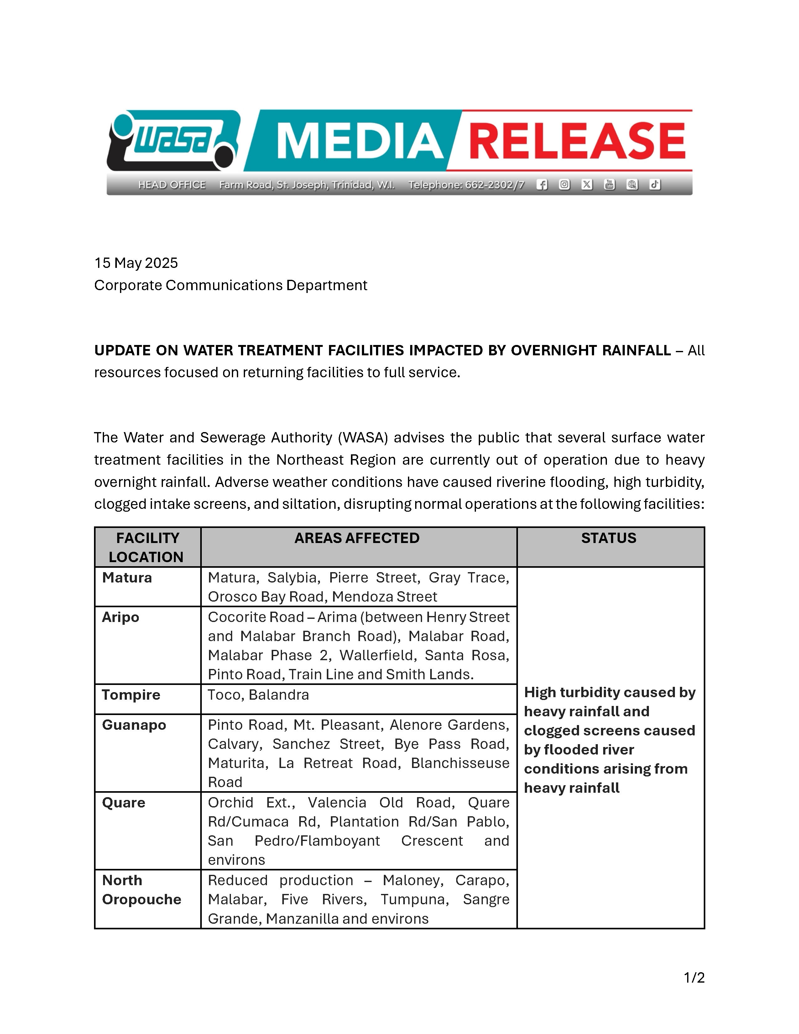 NE Facilities Affected by Overnight Rainfall